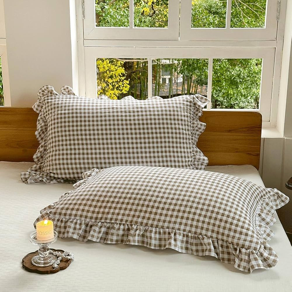 NSNLGSGC Tan Ruffled Plaid Gingham Standard Size Pillow Shams 20"x26", Set of 2 Taupe Checked Pre... | Amazon (US)
