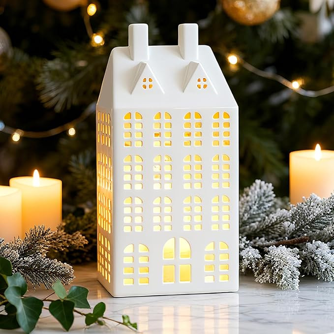 DN DECONATION Light Up Christmas Village House, White Ceramic House Decor with Lights, Modern Chr... | Amazon (CA)