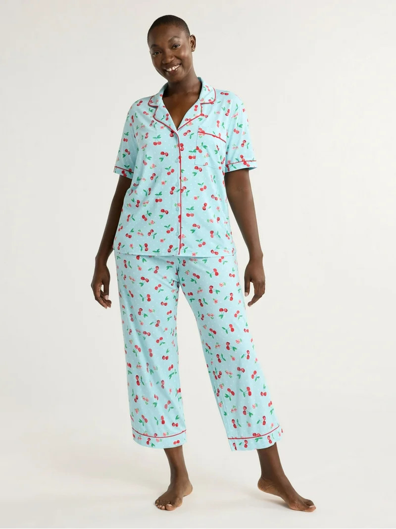 Joyspun Women's Dreamy Soft Collection Notch Collar Short Sleeve Knit Top & Capri Pajama Set, 2-P... | Walmart (US)