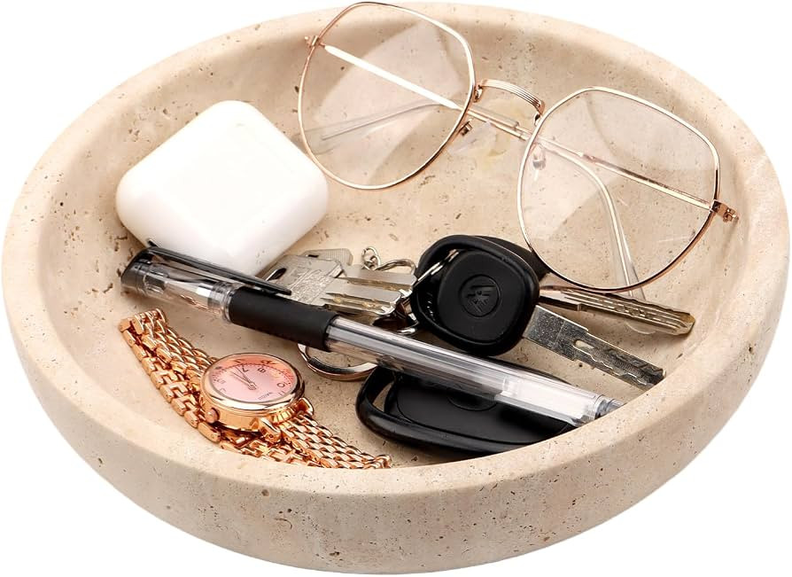 Travertine Bowl,7.9" Key Bowl for Entryway Table,Stone Bowl for Keys Candle Purse Candy,Decorativ... | Amazon (US)