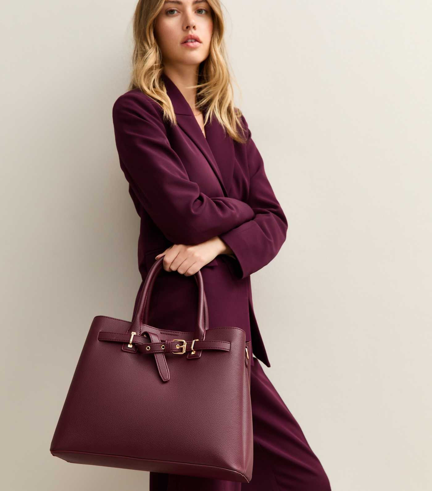 Dark Burgundy Faux Leather Buckle Strap Tote Bag | New Look | New Look (UK)