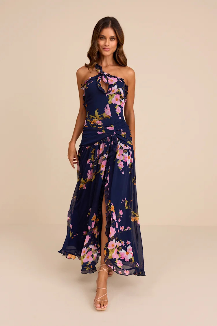 Alayda Navy Blue Floral Asymmetrical Ruffled Maxi Dress | Lulus