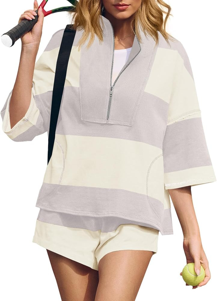 Fisoew Womens 2 Piece Outfits Summer Striped Sweatshirt Workout Shorts Sets Matching Lounge Set T... | Amazon (US)