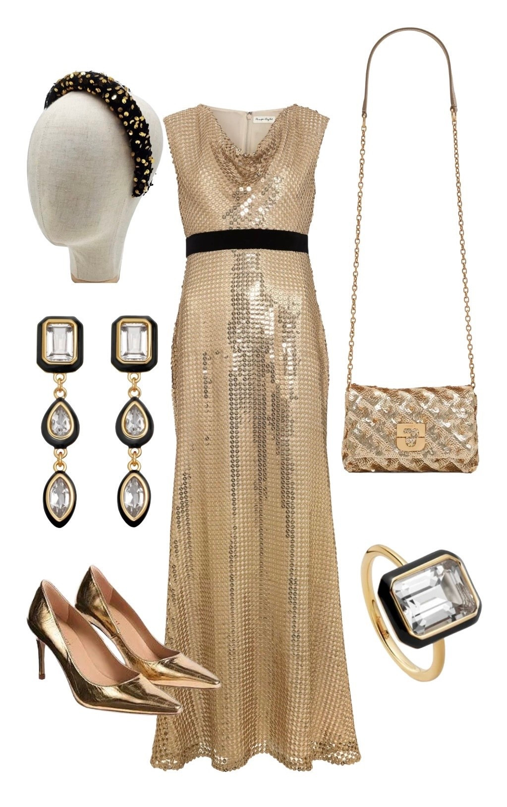 
Black / Gold Sequin Headband - Nooki at Wolf and Badger

Gold Sequin Maxi Dress - at John Lewis 

Handbag - at John Lewis

Flare Ring & Drop Earrings - Astley Clarke 

Floret Gold High Heels - LK Bemnett (take 15% off all full price styles with code REBECCALIPKINAUTHOR15) 

#LTKdresses #LTKeurope #LTKpartywear