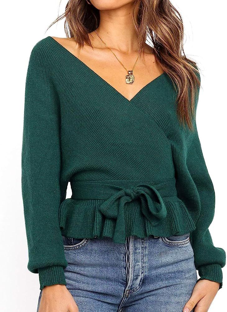 ZESICA Women's Wrap V Neck Long Batwing Sleeve Belted Waist Ruffle Knitted Sweater Pullover Top | Amazon (US)