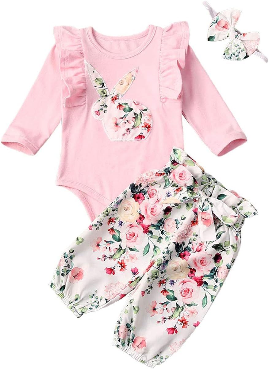 Newborn Baby Girls Easter Outfit Long Sleeve Bunny Print Romper + Floral Pants + Bow Headband 3pc... | Amazon (US)