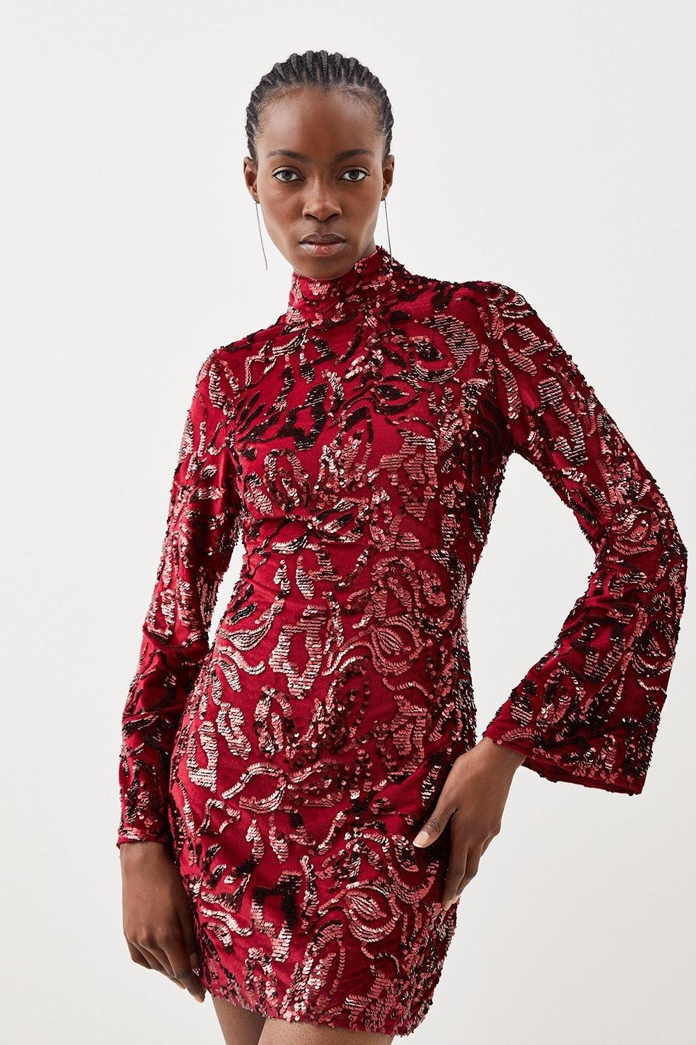 Velvet Sequin Woven Aline Dress | Karen Millen UK + IE + DE + NL