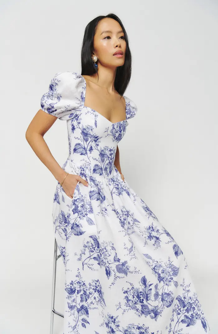 Davila Floral Print Puff Sleeve Linen Midi Dress | Nordstrom