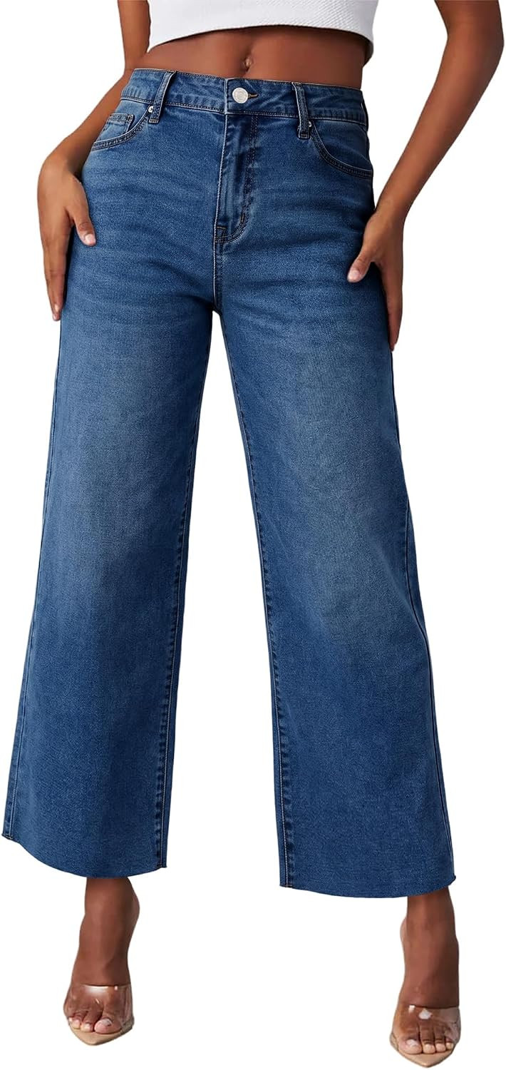 Jeans for Women High Waisted Wide Leg Ripped Jean Cropped Denim Pants Stretchy with Pockets | Amazon (US)