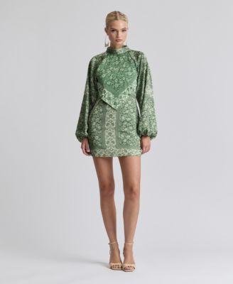 Avec Les Filles Women's Printed Satin High Neck Scarf Mini Dress - Green Autumn Poppy Scarf | Macy's
