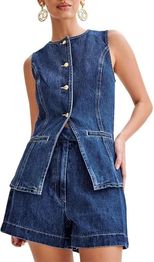 Casual Denim 2 Piece Set for Women Sexy Business Sleeveless Jean Blazer Vest Tops and Shorts Outf... | Amazon (US)