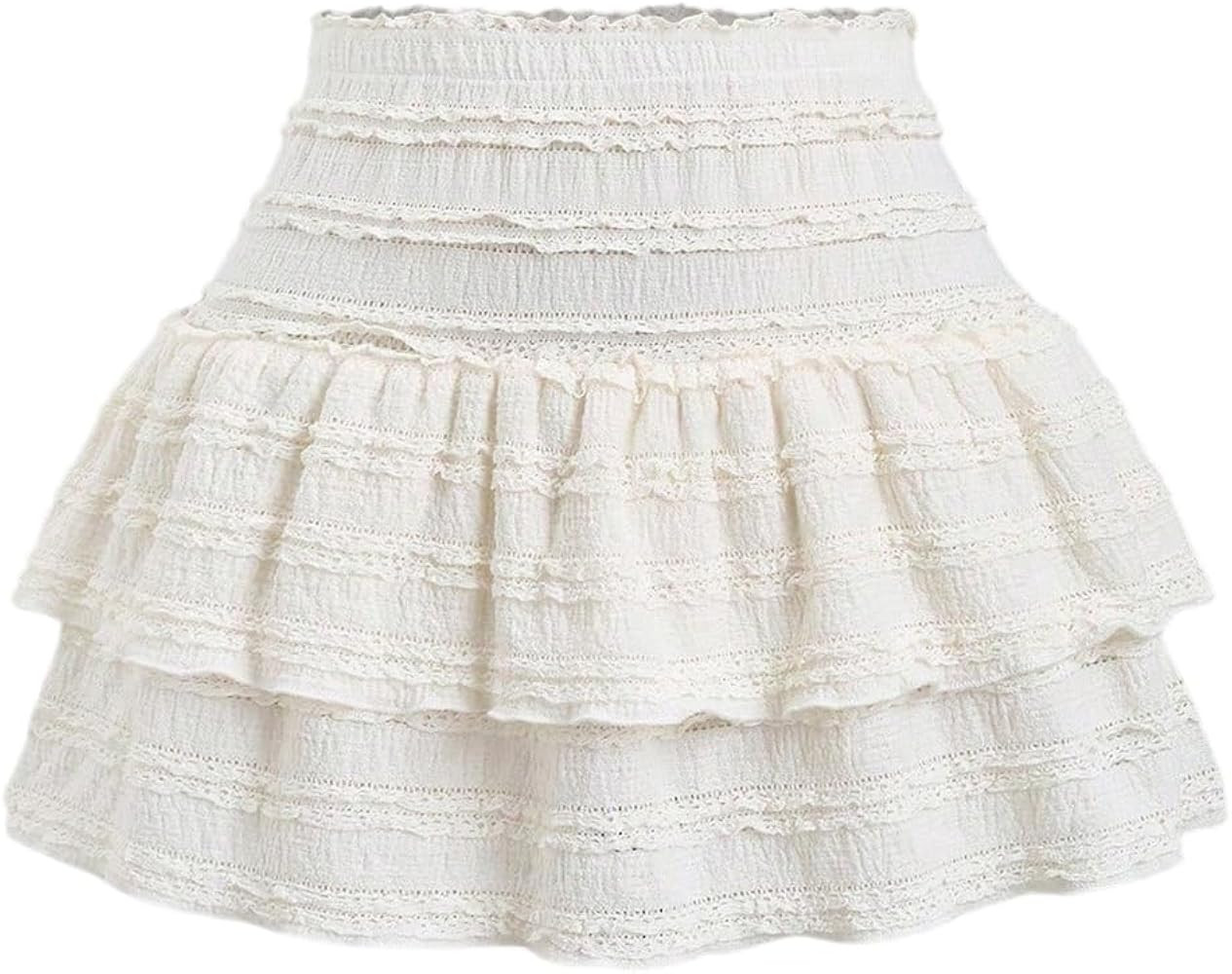 Floerns Women Summer Beach Vacation Textured Lace Layered Ruffle Mini Skirt Elastic High Waist Y2... | Amazon (US)