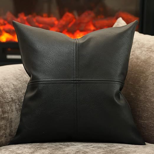 Snugtown Decorative Black Faux Leather Throw Pillow Cover, Stitched Pillow Case for Couch, Sofa, ... | Amazon (US)