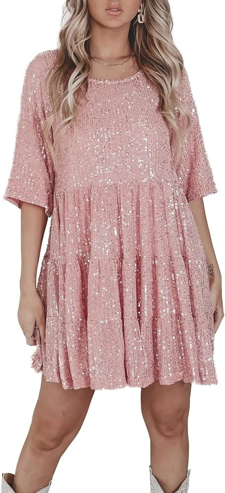 MAYSTEPPE Sparkly Glitter Dress, Sequin Babydoll Summer Dress Short Flowy Tiered Tunic Dress for ... | Amazon (US)