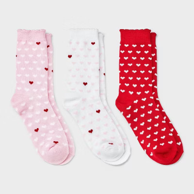 Women's Mini Hearts Scallop Cuff Valentine's Day 3pk Crew Socks - Pink/White/Red 4-10 | Target