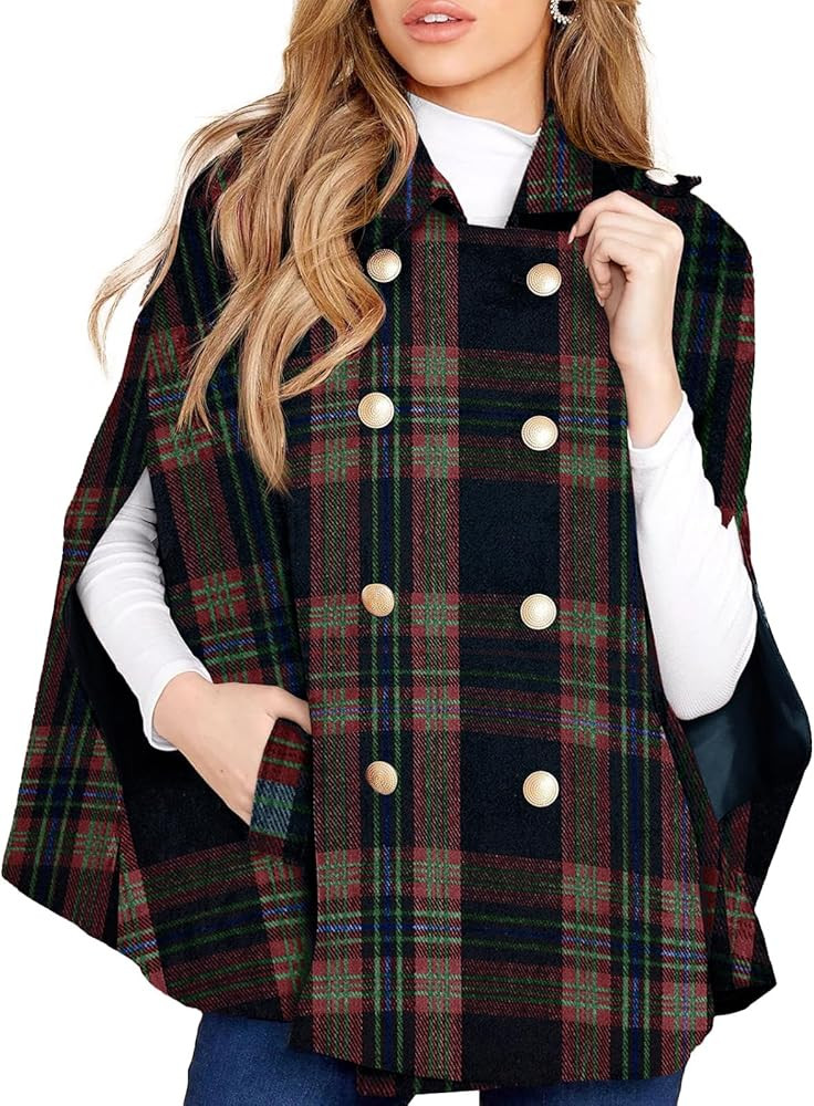 Womens Plaid Jacket Double Breasted Winter Cape Coats Turn Down Poncho with Pockets | Amazon (US)