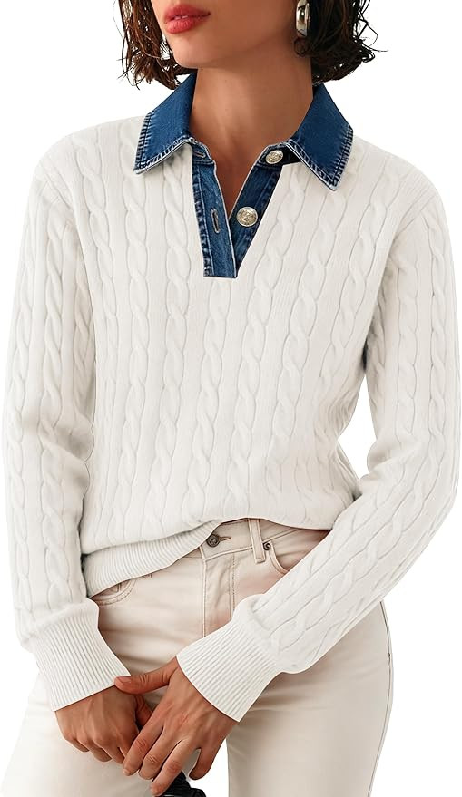 SAUKOLE Sweaters for Women Denim Lapel V Neck Buttons Closure Casual Long Sleeve Cable Knit Loose... | Amazon (US)