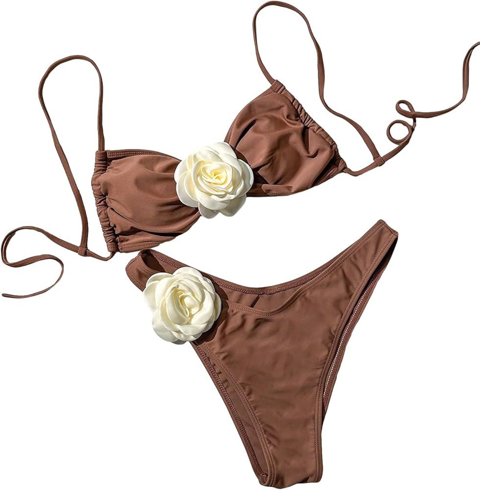 OYOANGLE Women's 2 Piece 3D Rose Bikini Swimsuit Spaghetti Strap High Waisted Bathing Suit Beachw... | Amazon (US)