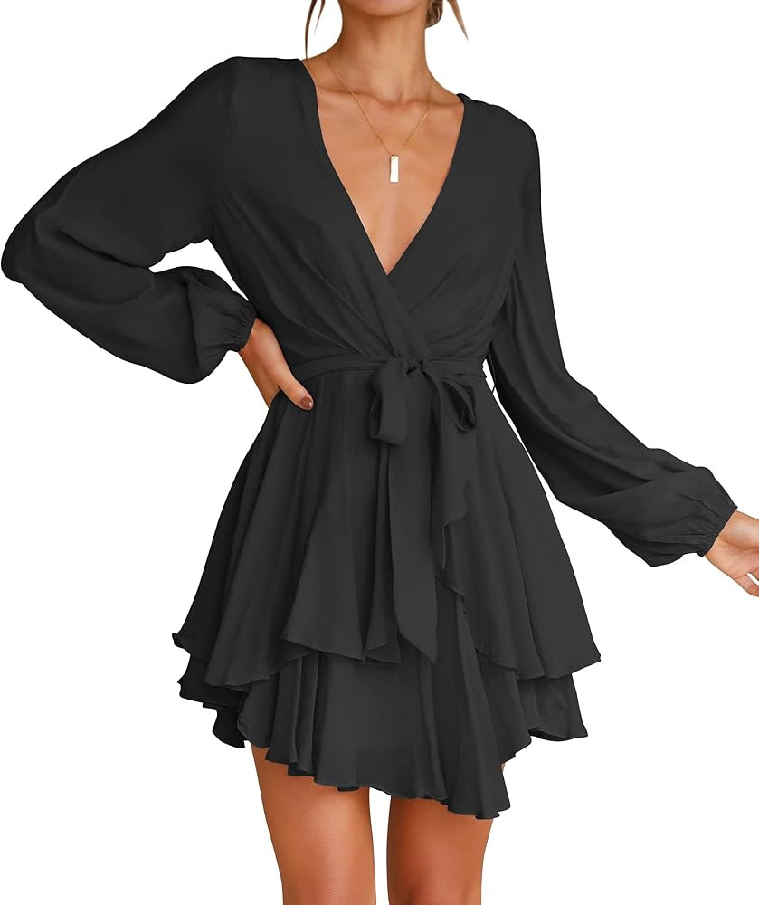 Women's Wrap V Neck Dress Long Sleeve 2023 Tie Waist Ruffle Hem Cocktail Wedding Party Swing Mini... | Amazon (US)
