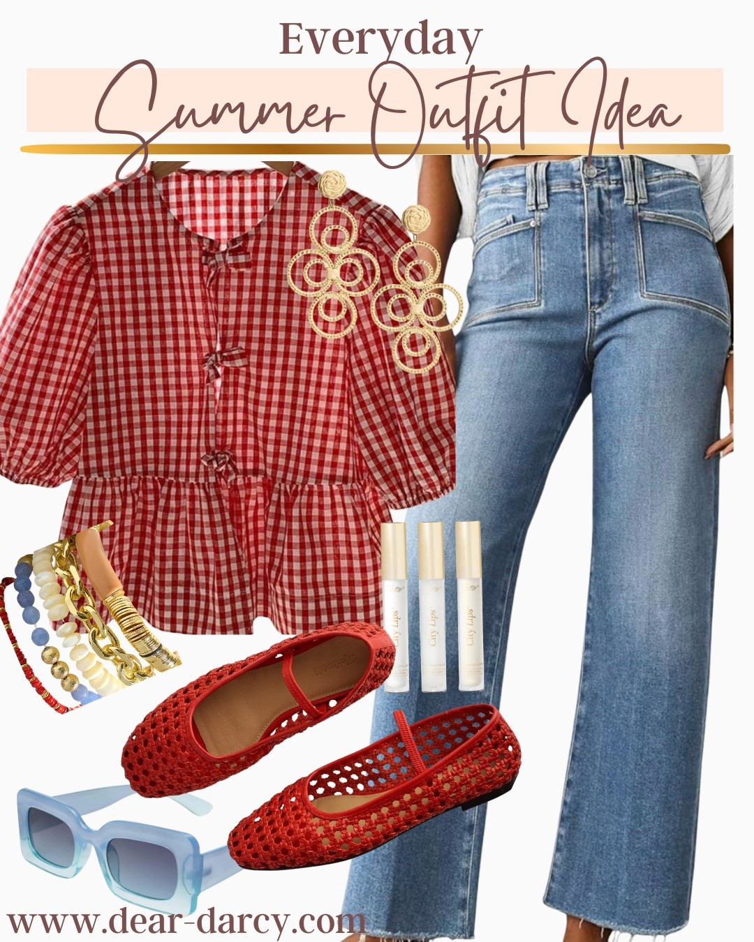 Everyday Summer outfit
But perfect for memorial and 4th of  July 

Amazon finds and a little mix of affordable boutique 

Gingham top 

Red cane Mary Jane’s save 20% 
With Madewell in app sale 

Great jeans affordable, non distress and great fit 

Allie & Bess new red white and blue bracelet stack save 20% with code DARCY20

Lisi lurch beautiful earrings 

City beauty new lip trio

Amazon find blue shades / sunnies

#LTKStyleTip #LTKSaleAlert #LTKxMadewell