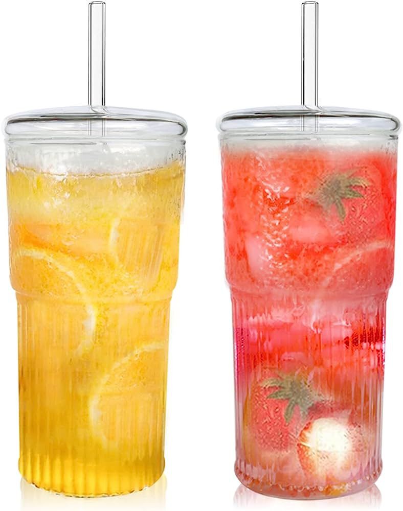 CAYOREPO 2 Packs 20 oz Glass Cups with Lids and Straws, Glass Coffee Tumbler, Tumbler Water Glass... | Amazon (US)