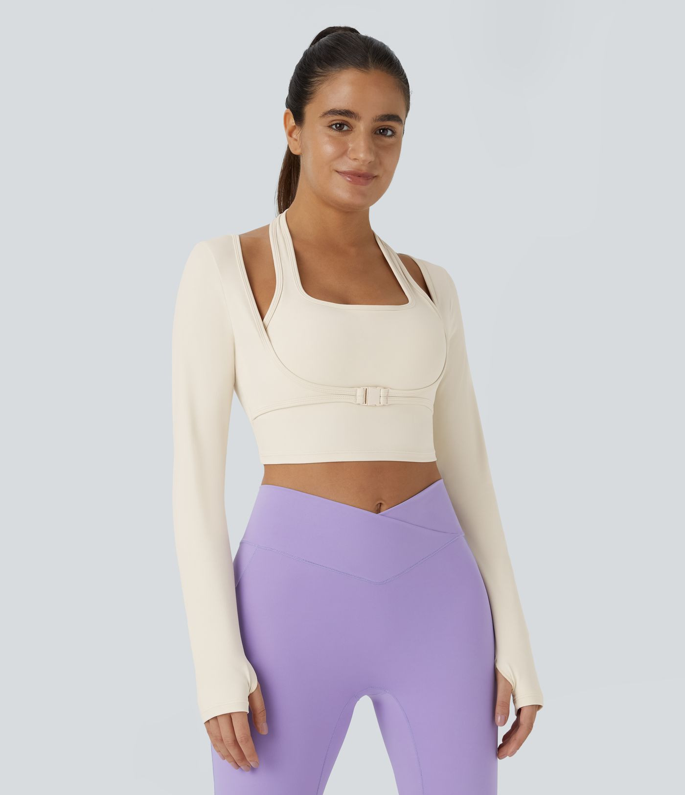 SoftlyZero\u2122 Plush Halter Thumb Hole Long Sleeve Cropped 2-in-1 Yoga Sports Top | HALARA