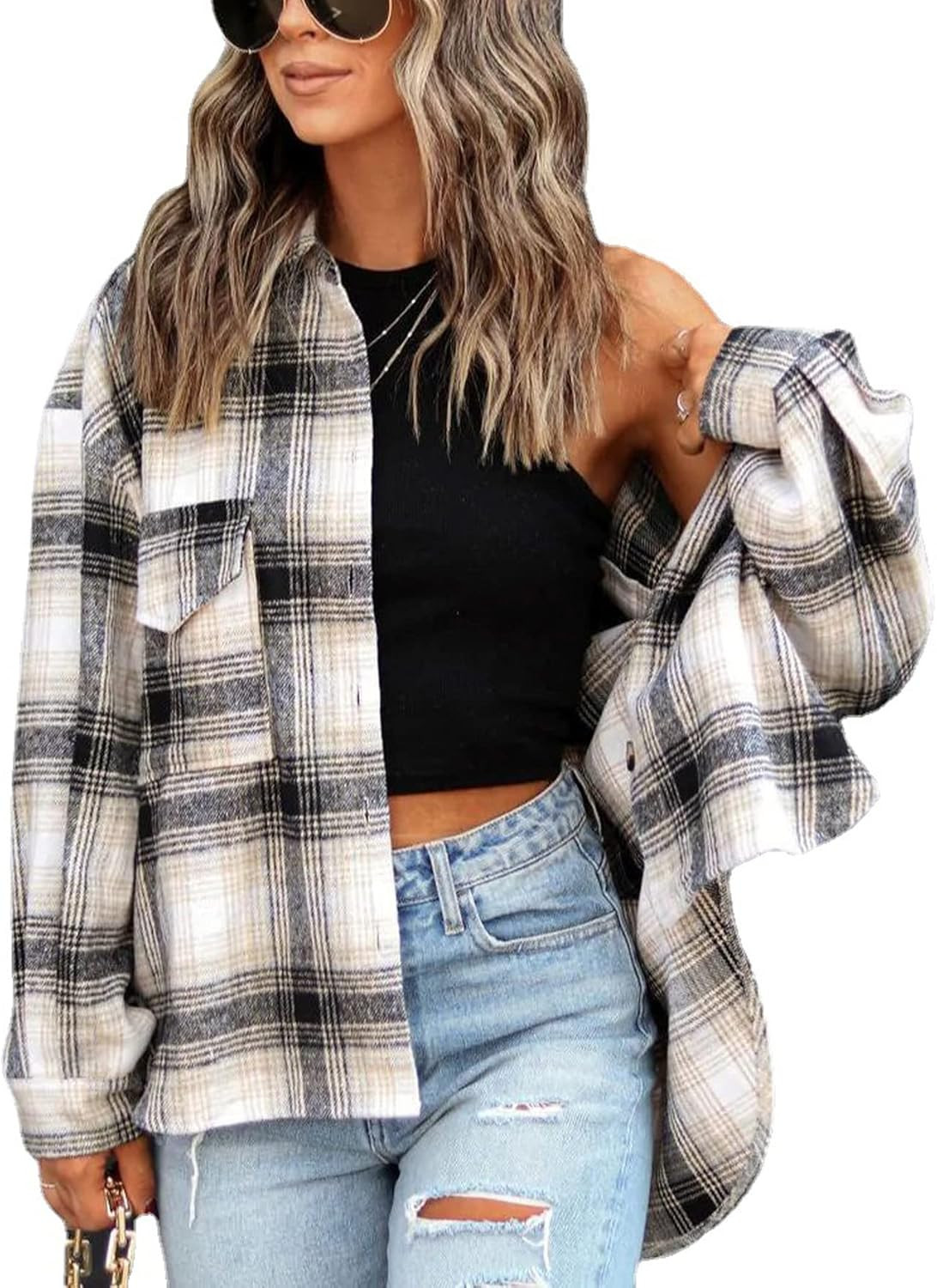 Moonetto Women’s Mid-Long Plaid Shacket Long Sleeve Lapel Button Down Pocketed Shirt Jacket | Amazon (US)