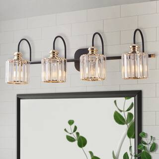 ExBrite Merrin 32 in. 4-Lights Metal Black & Gold Bathroom Vanity Light with Crystal Shades THD11... | The Home Depot