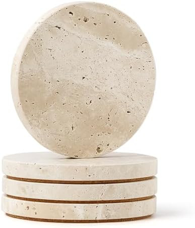 WORHE Natural Travertine Marble Coasters Set of 4-4" Round Stone Drink Coasters, Non-Slip Cork Ba... | Amazon (US)