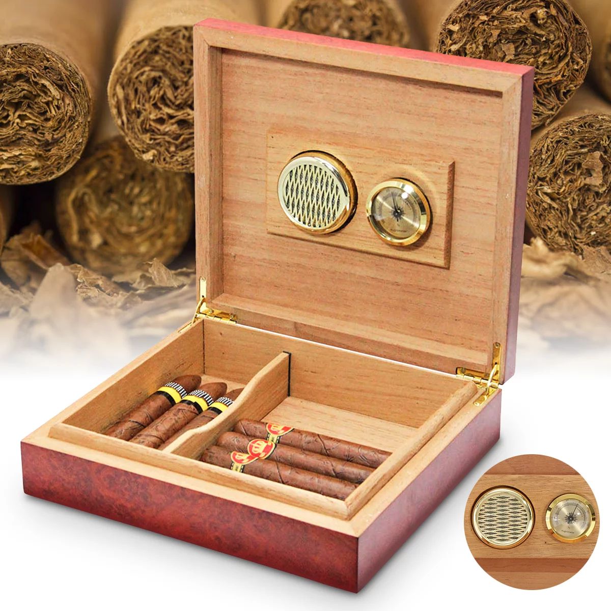 Cedar Wood Cigar Humidor Storage Box Desktop Humidifier with Hygrometer for 20 Counts Cigar | Walmart (US)