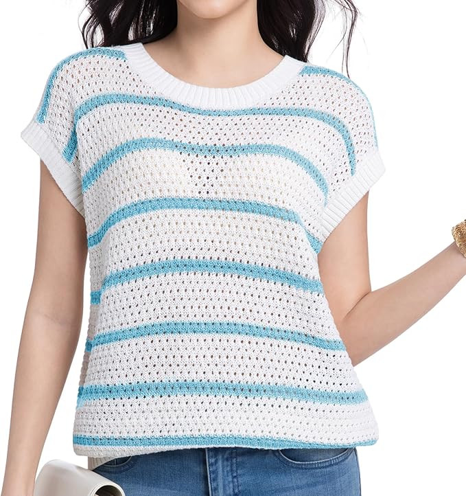 Womens Sweater Vest Round Neck Striped Short Sleeve Sweater Tops Casual Trendy Spring Fall Clothe... | Amazon (US)