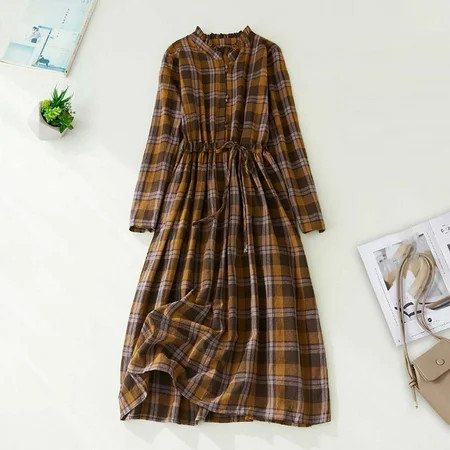 Brilliant Fall Dresses for Women 2024 Maxi Women s Retro Waist Waist Slim Lace Up Mid Length Plaid Cotton Linen Dress Brown M | Walmart (US)