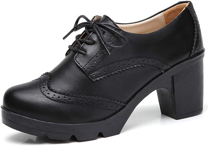 DADAWEN Women's Leather Classic Lace Up Platform Chunky Mid-Heel Square Toe Oxfords Dress Pump Sh... | Amazon (US)