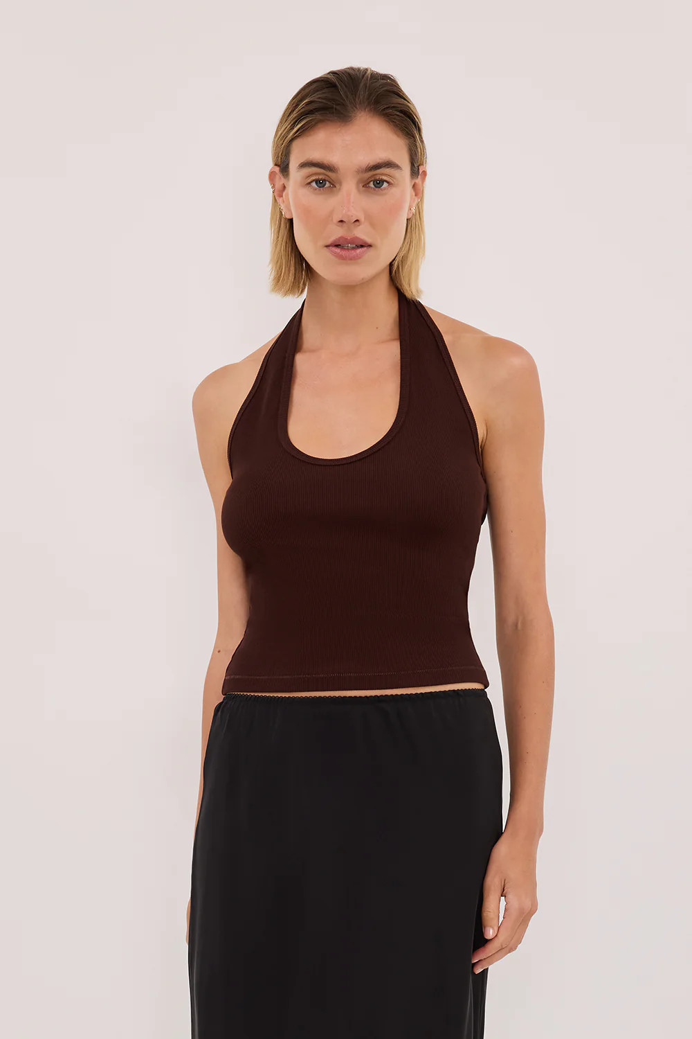 Harlan Burnt Choc Knit Halter Top | DISSH