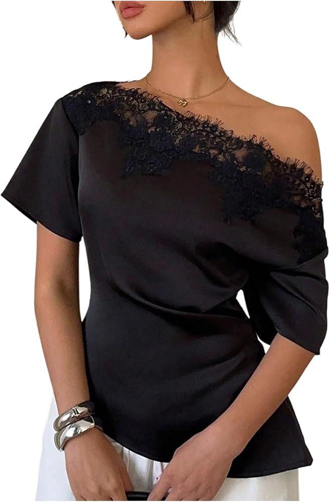 SweatyRocks Women's Off The Shoulder Top Lace Trim Dolmsn Sleeve Asymmetrical Satin Blouse Shirt | Amazon (US)