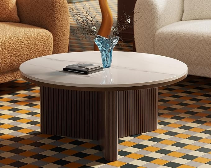 Morden Fort Faux Marble Coffee Table, Round Coffee Table Sintered Stone Top & Solid Fluted Wood M... | Amazon (US)