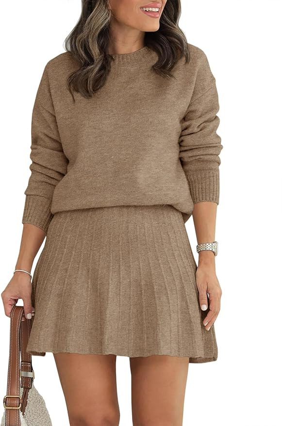 Tankaneo Womens Skirt 2 Piece Sweater Set Long Sleeve Crewneck Sweaters Pleated Mini Skirt Knit L... | Amazon (US)