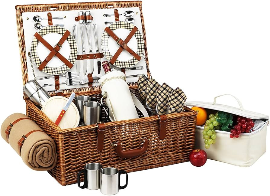 Picnic at Ascot Dorset English-Style Willow Picnic Basket with Service for 4, Coffee Set and Blan... | Amazon (US)