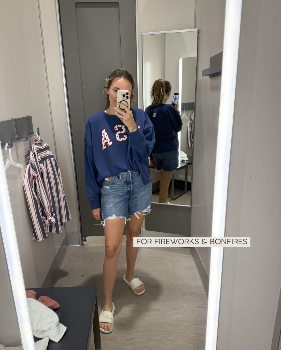 Target 4th of July outfit 🇺🇸 This USA sweatshirt is oversized, comfy, and perfect for backyard BBQs, fireworks, and casual summer weekends. Paired with denim shorts for an easy patriotic outfit you'll wear all season.

#LTKOver40 #LTKmomlife #LTKootd
