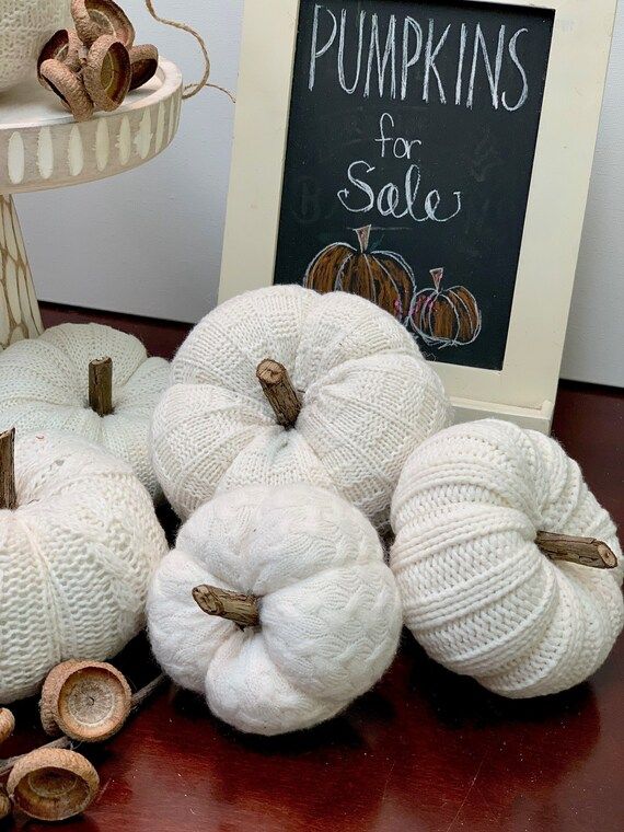 Upcycled cream-white sweater pumpkins with varied textures in multiple sizes for cozy fall decor | Etsy (US)