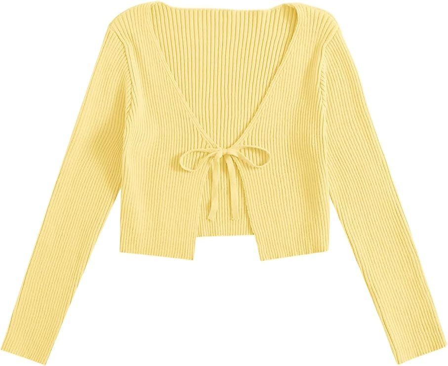 Floerns Women's Tie Front Long Sleeve Rib Knit Shrug Sweaters Cardigan Crop Top | Amazon (US)