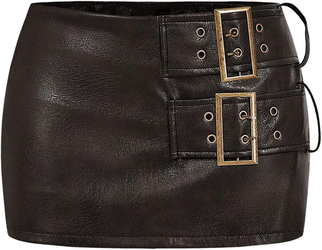 MakeMeChic Women's PU Leather Mini Skirt Buckle Bodycon Skirts Skort Clubwear | Amazon (US)