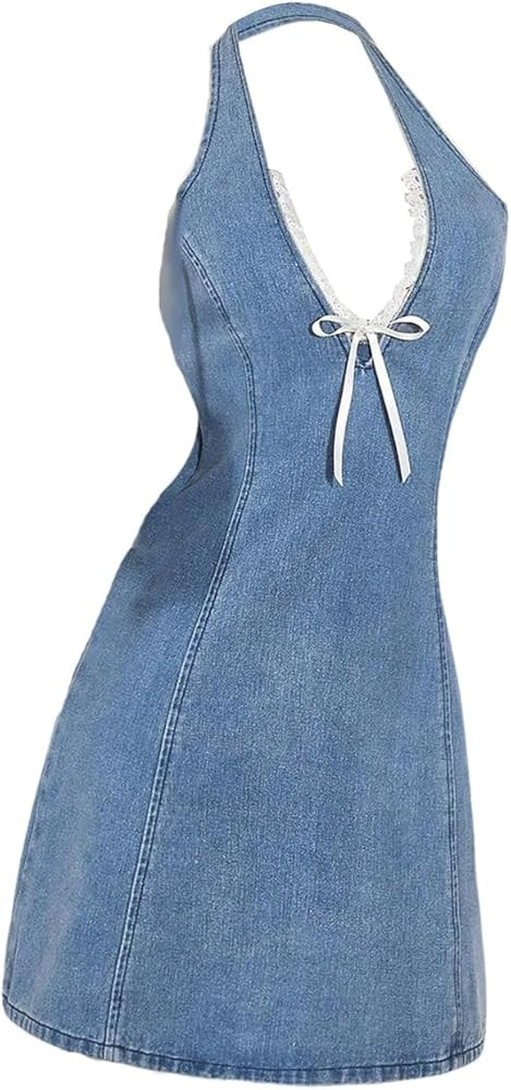 WDIRARA Women's Bow Halter Mini Jean Dress Lace Trim Sleeveless Backless Denim Dresses | Amazon (US)