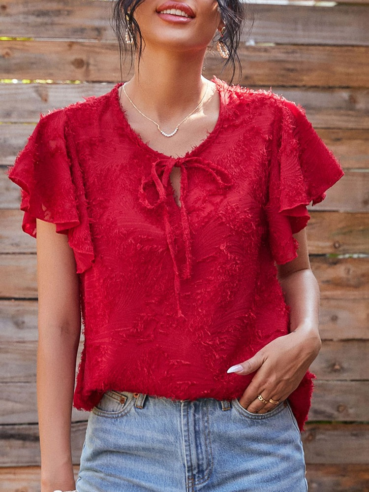 Fuzzy Tie Neck Blouse | SHEIN