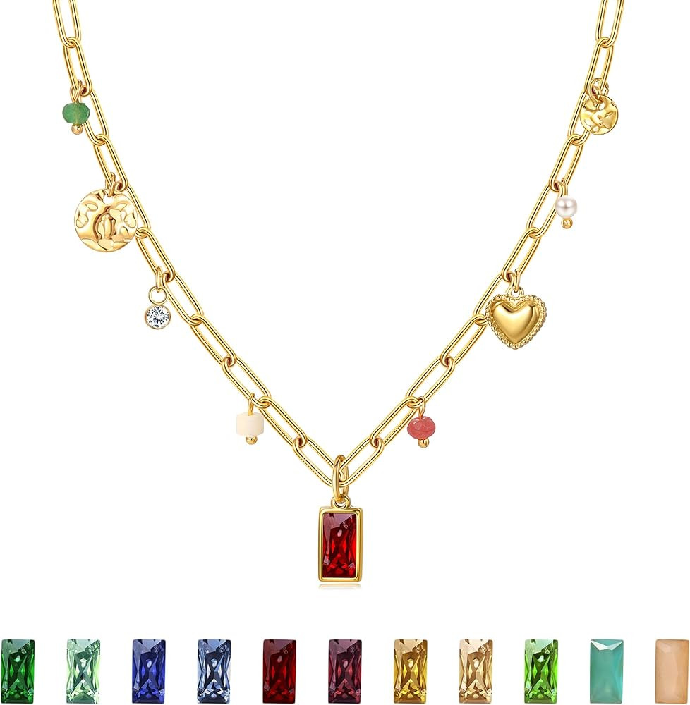 Gold Birthstone Necklace for Women,14K Gold Plated Necklace,Dainty Red Blue Green Diamond Necklac... | Amazon (US)