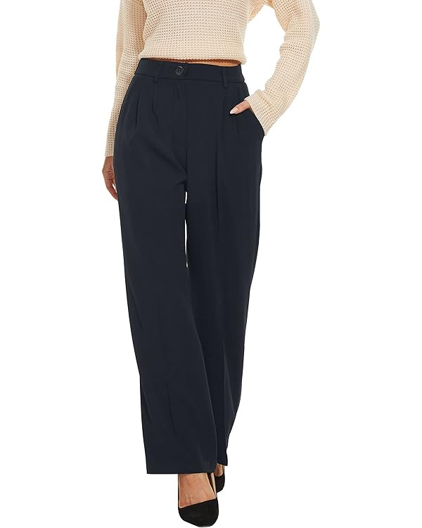 FUNYYZO Wide Leg Pants Women's High Elastic Waisted in The Back Business Work Trousers Long Strai... | Amazon (US)
