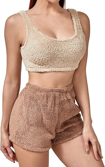 SweatyRocks Women's Fluffy Pajamas Set Crop Tank Top with Shorts Loungewear | Amazon (US)