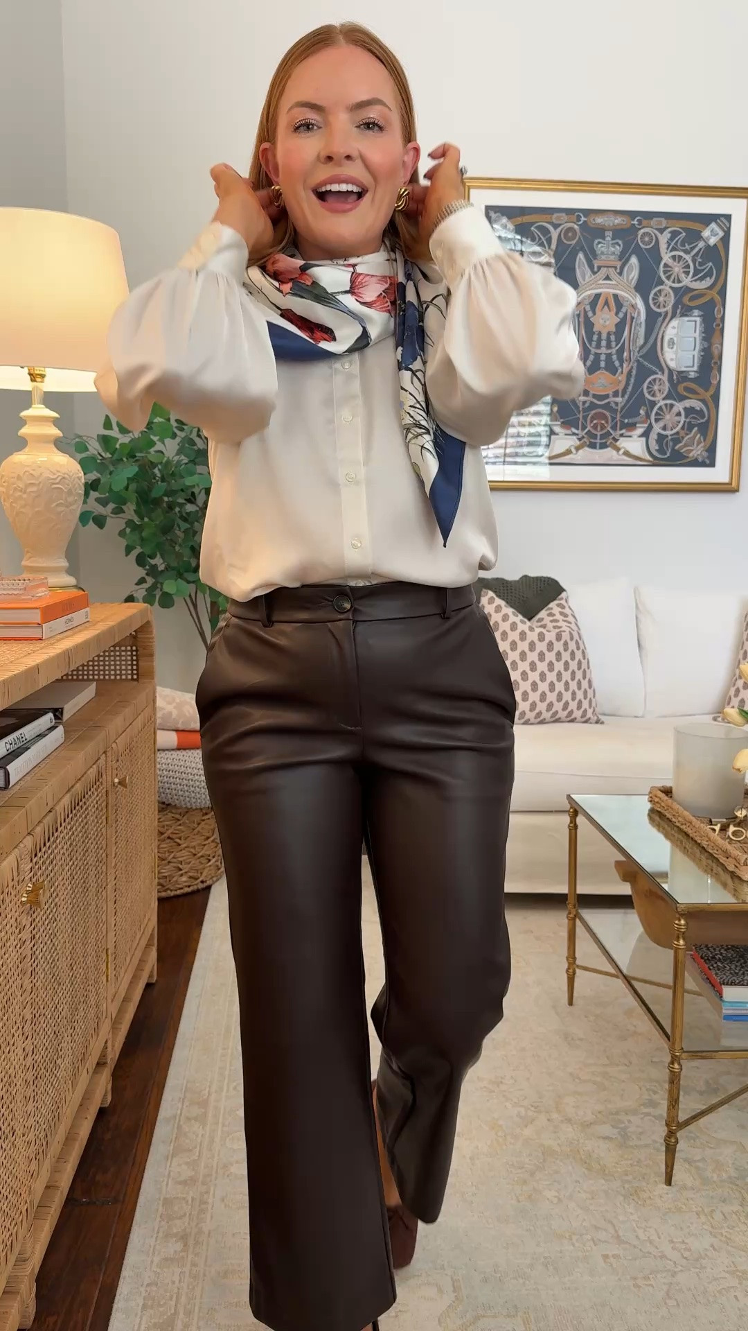 Leather Pants + Satin Blouse and Silk Scarf Office Outfit ✨

Wearing 6 in the leather pants, small in the blouse.

Dressing up my Ann Taylor faux leather pants with an ivory satin blouse, a floral silk scarf, and suede ballet flats — proof leather pants can be office-appropriate. Such a pretty fall workwear look for the office. All from Ann Taylor and on sale right now!

leather pants workwear | faux leather pants office outfit | satin blouse work outfit | silk scarf outfit | Ann Taylor fall outfits | fall office outfits women | business casual outfits 2026

#LTKgrwm #LTKootd #LTKWorkwear