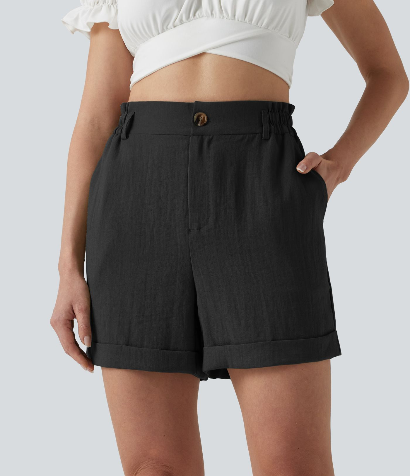 Women\u2019s High Waisted Rolled Hem Linen-Feel Resort Shorts 5'' with Pockets - Halara | HALARA