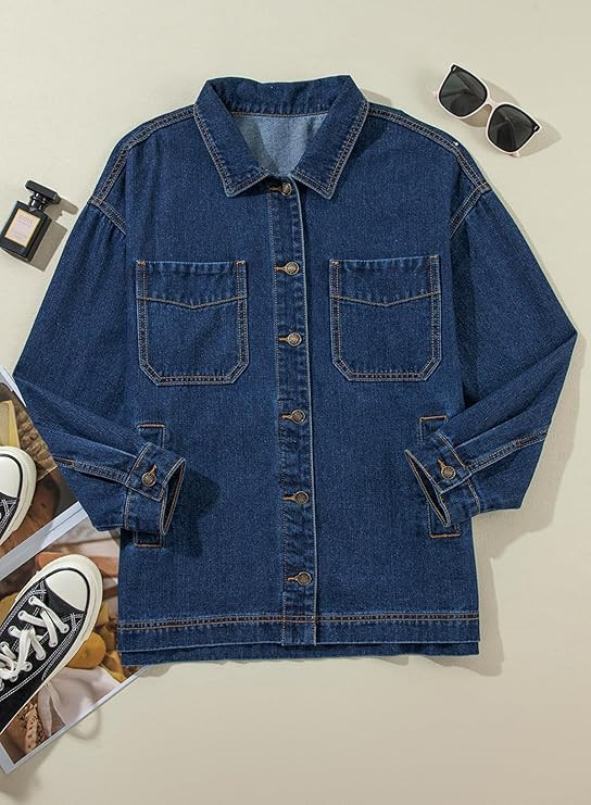 Sidefeel Women's Jean Jacket Oversized Boyfriend Button Up Long Sleeve Split Zimbaplatinum Denim ... | Amazon (US)